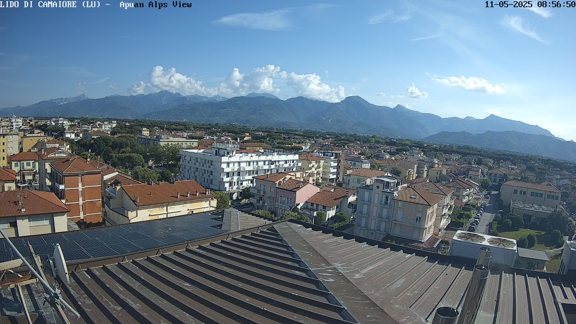 A rooftop view of a town nestled in a valley, under a mostly clear blue sky with a mountain range in the background.