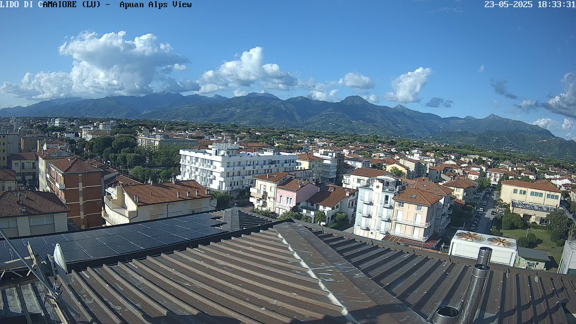 A partly cloudy sky overlooks a town nestled at the foot of a mountain range.