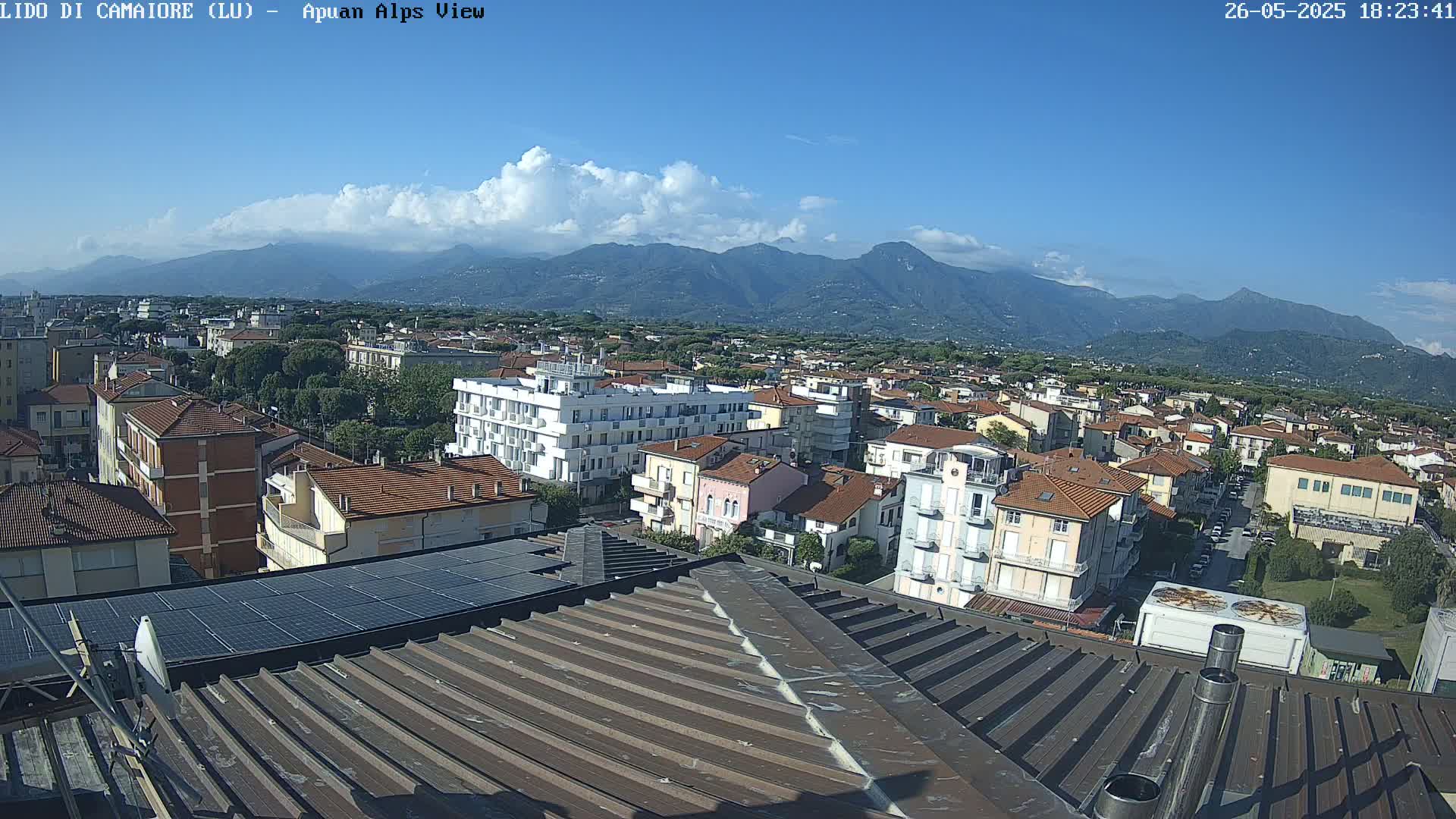 A rooftop view of a town nestled below a mountain range under a mostly clear, sunny sky.