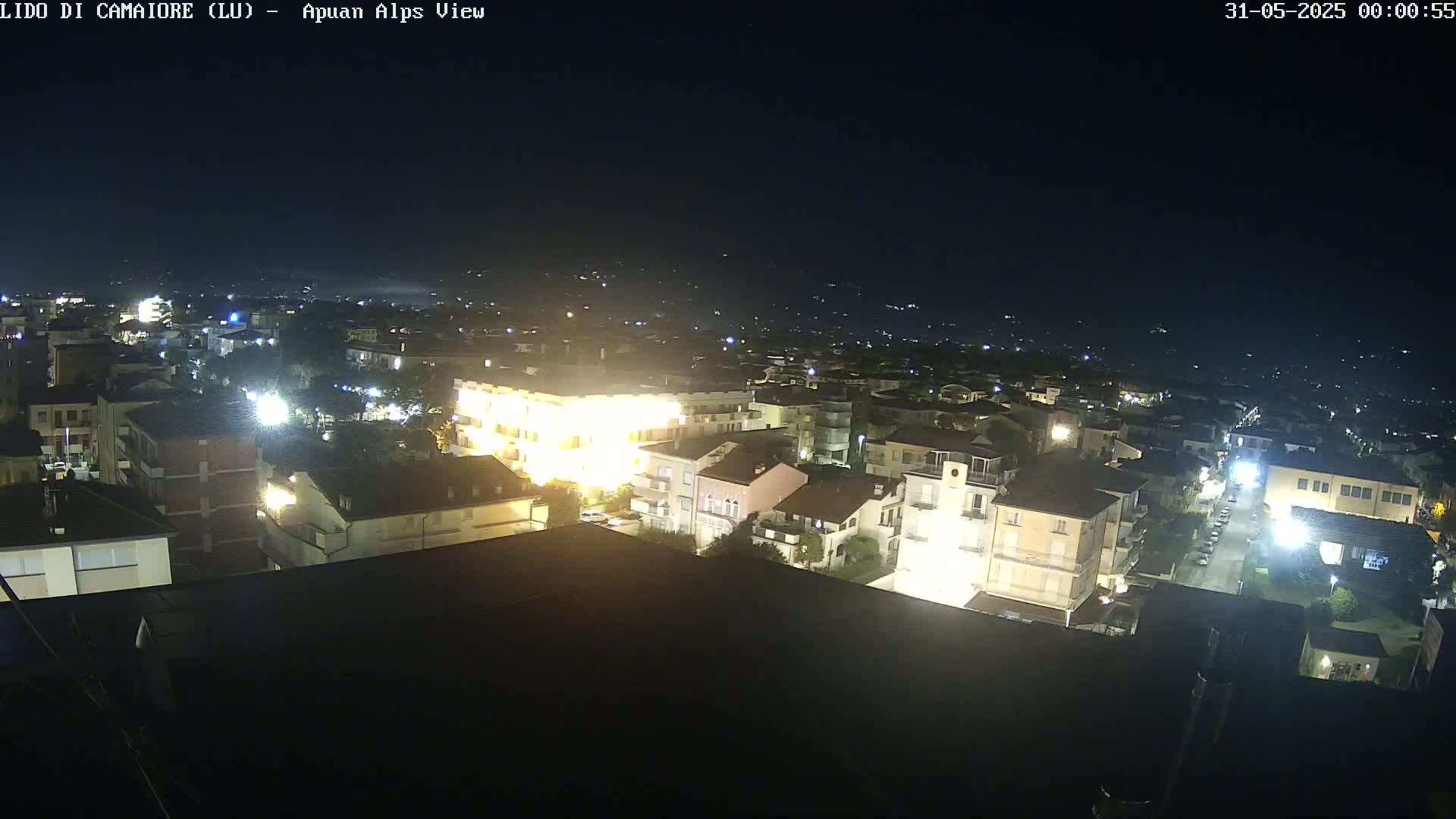 A nighttime aerial view of a town illuminated by streetlights and building lights, under a clear, dark sky.