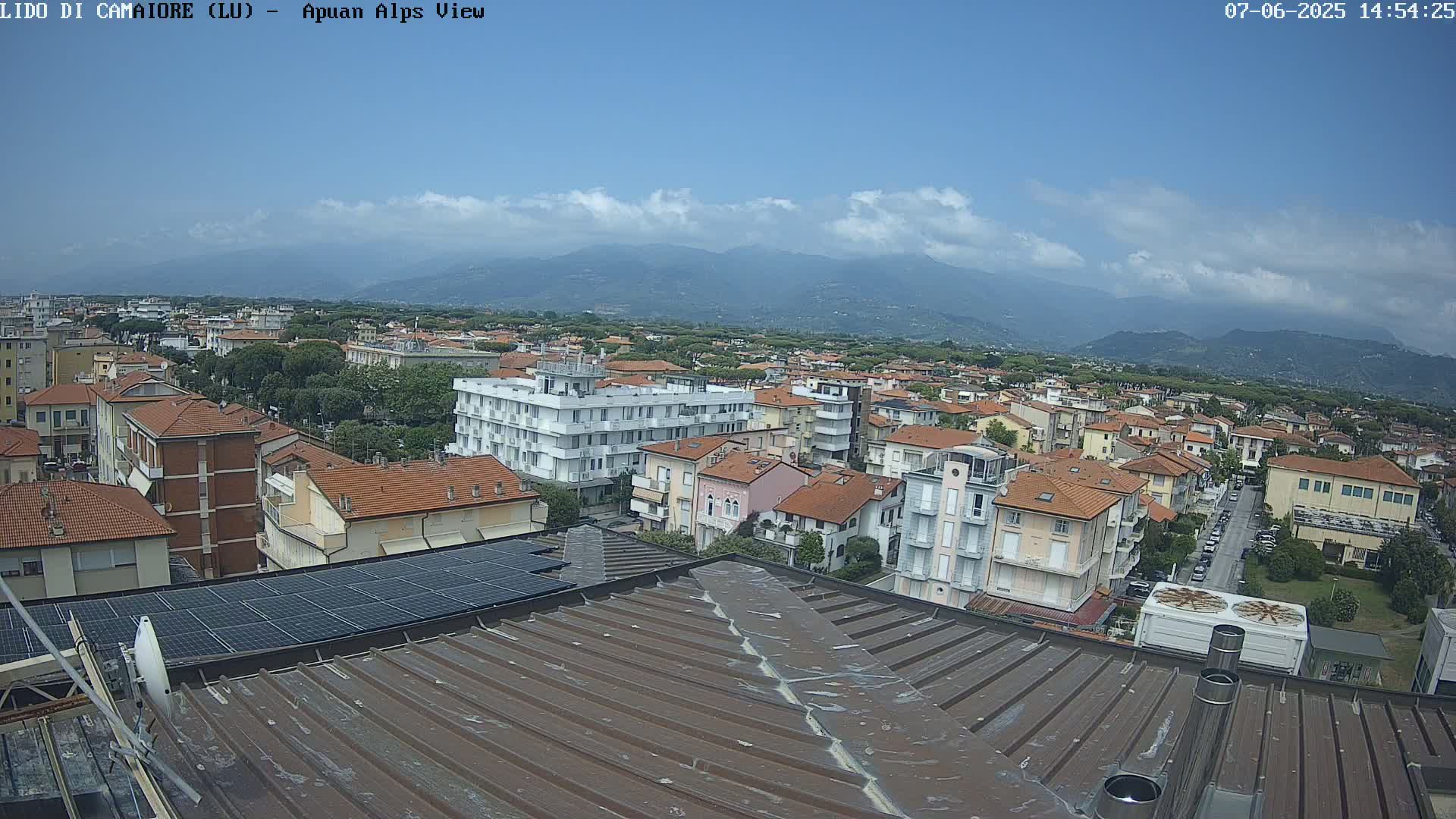 A partly cloudy day reveals a sprawling town of terracotta-roofed buildings nestled against a mountain range under a mostly clear sky.