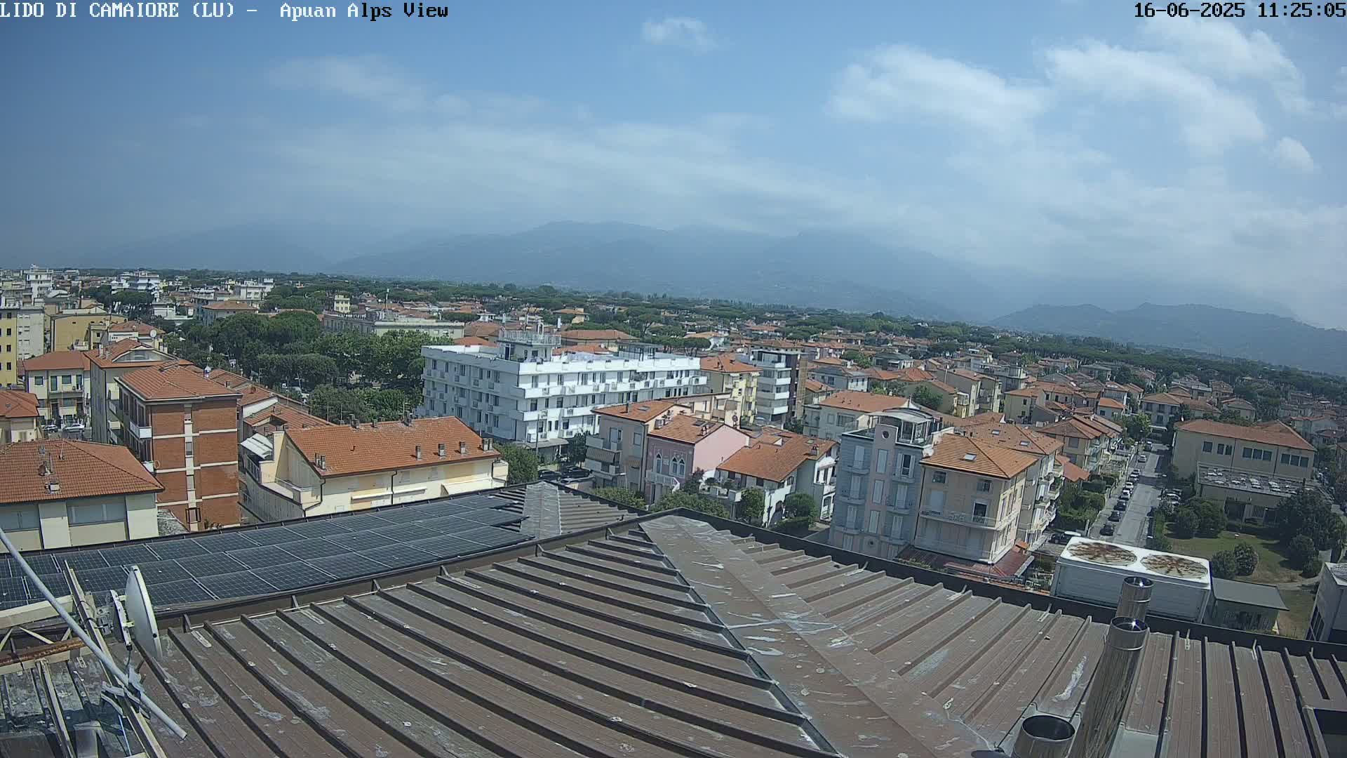 A rooftop view of a town under a mostly clear sky, with mountains visible in the distance.