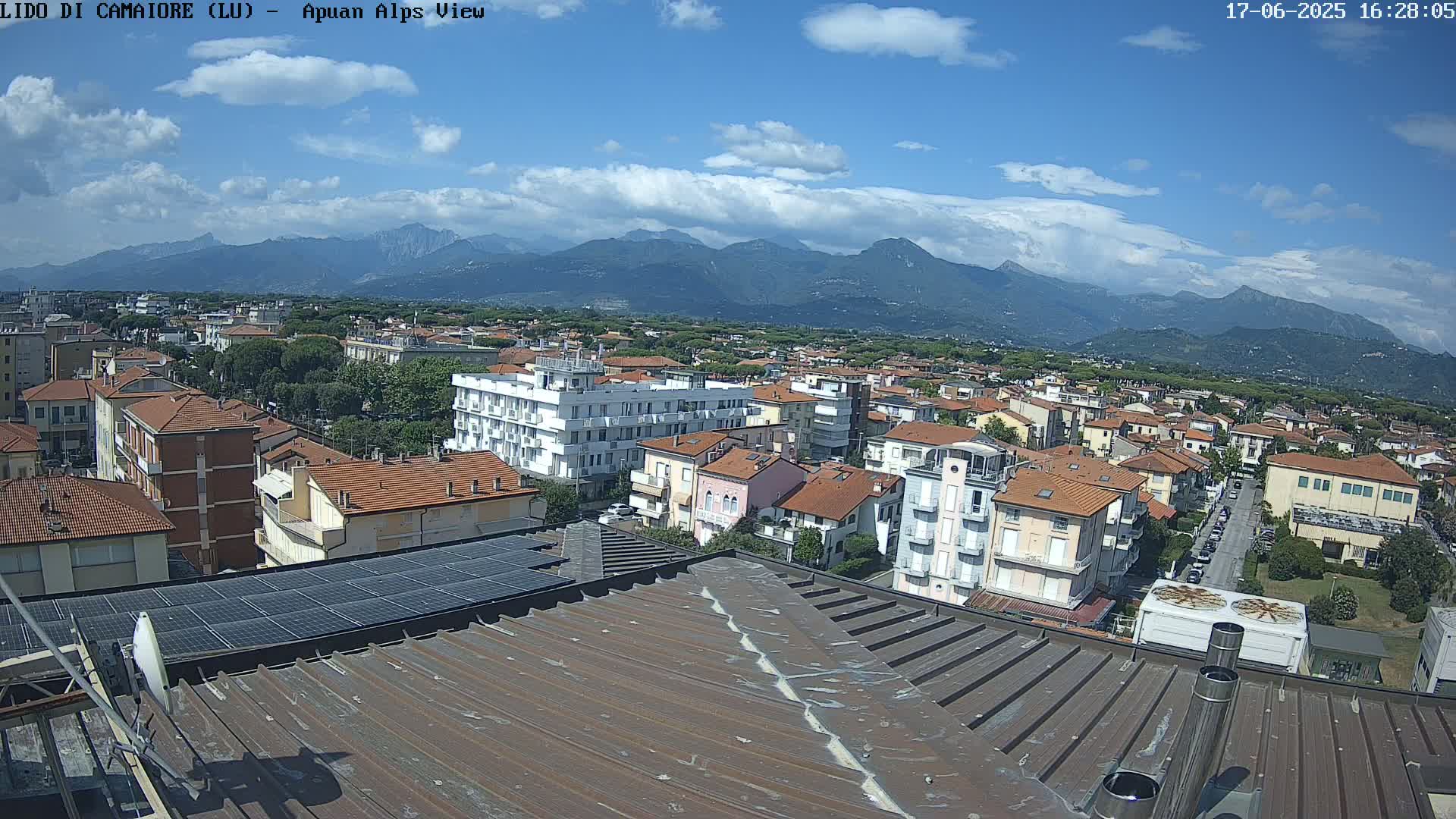 A mostly sunny day reveals a sprawling town of low-rise buildings nestled against a backdrop of distant mountains under a partly cloudy sky.