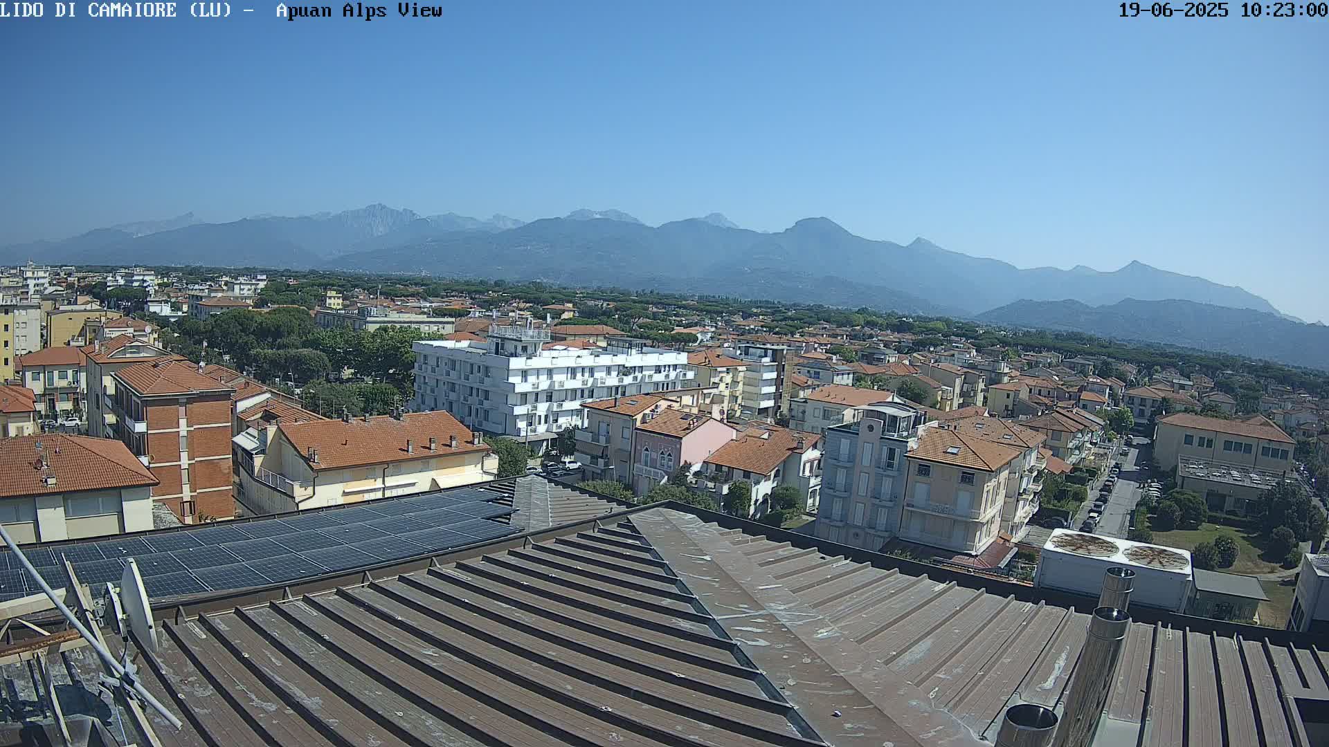 A rooftop view of a town nestled against a mountain range under a clear blue sky.