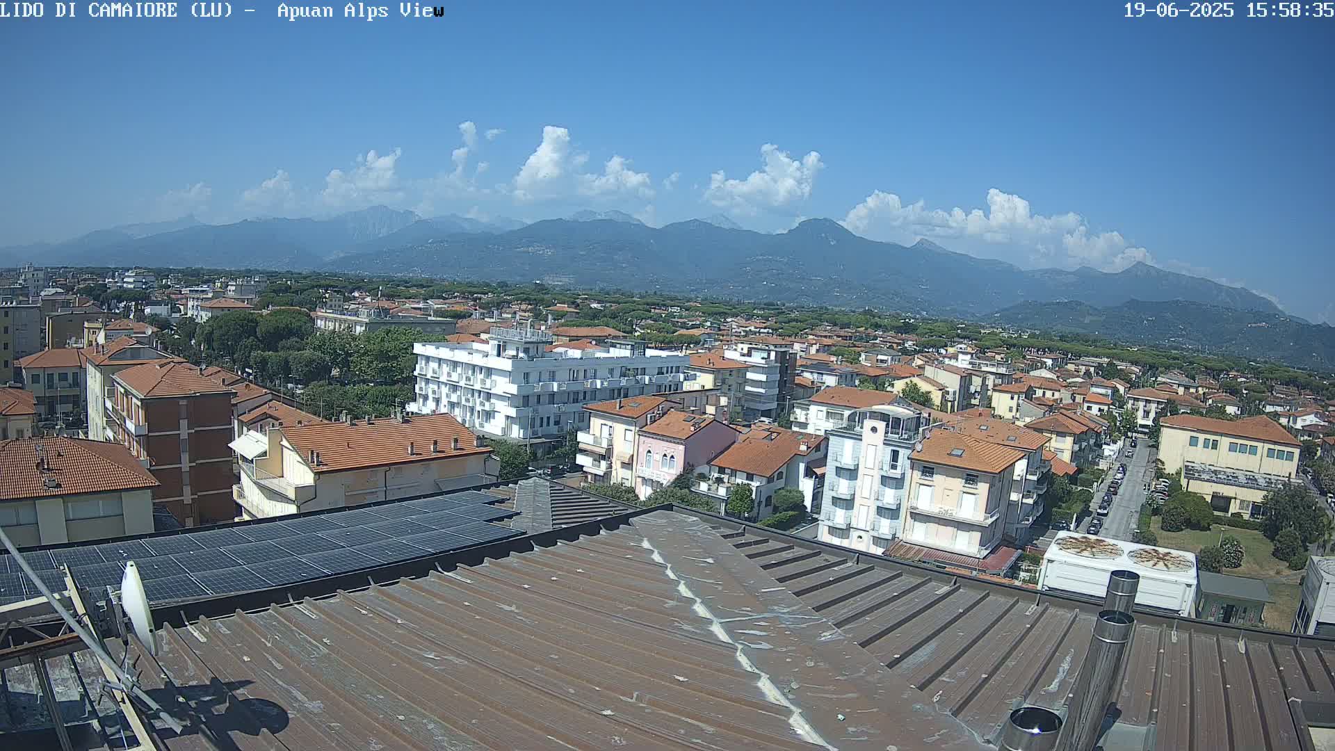 A rooftop view of a town shows a partly cloudy sky and distant mountains under a mostly sunny sky.