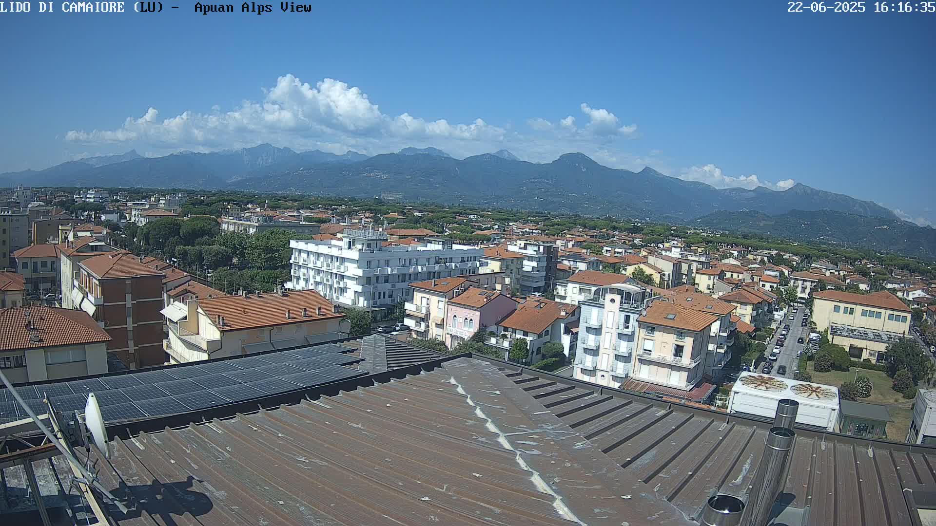 A rooftop view of a town under a mostly sunny sky with a mountain range in the distance.
