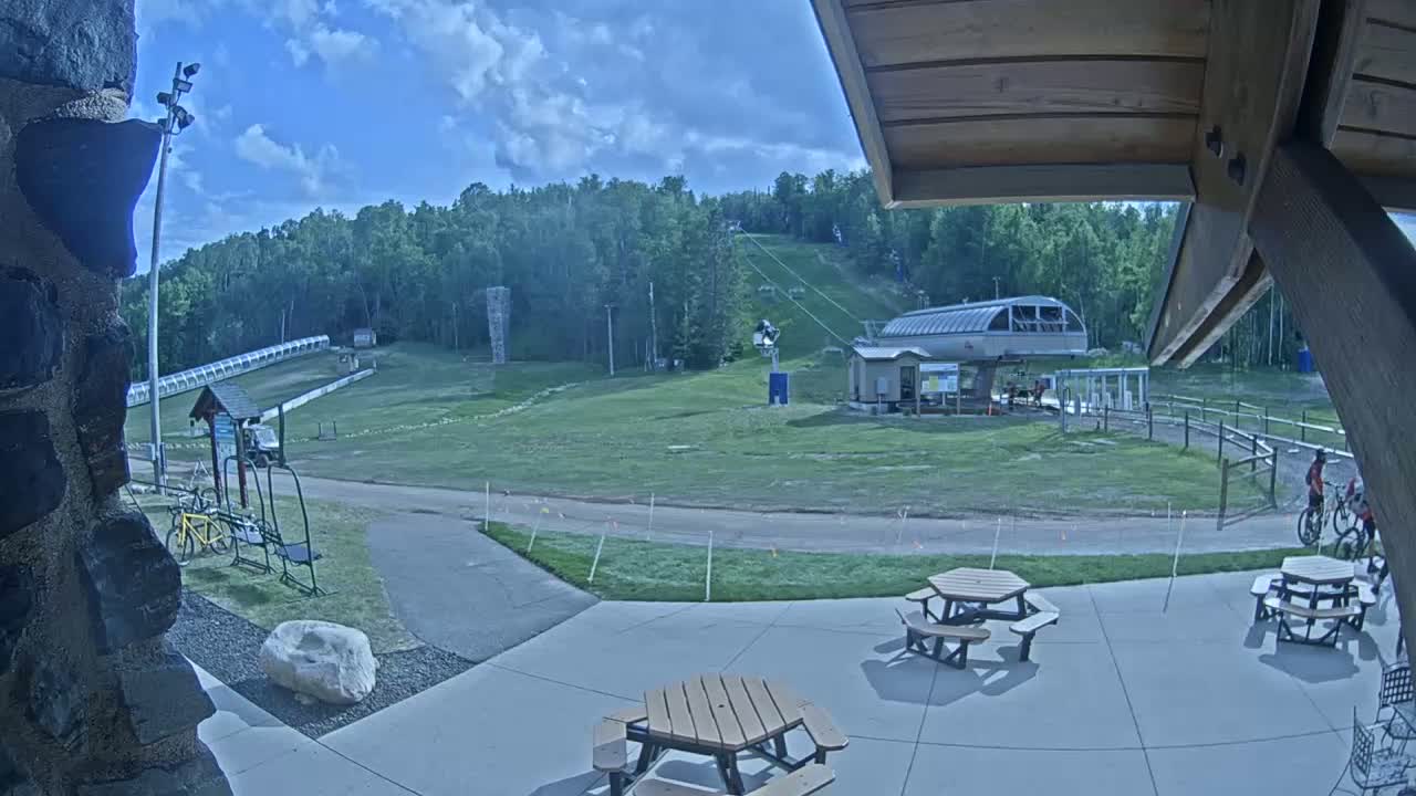 A mostly sunny outdoor scene shows a ski lift and grassy slopes, with picnic tables and some people riding bicycles in the foreground.