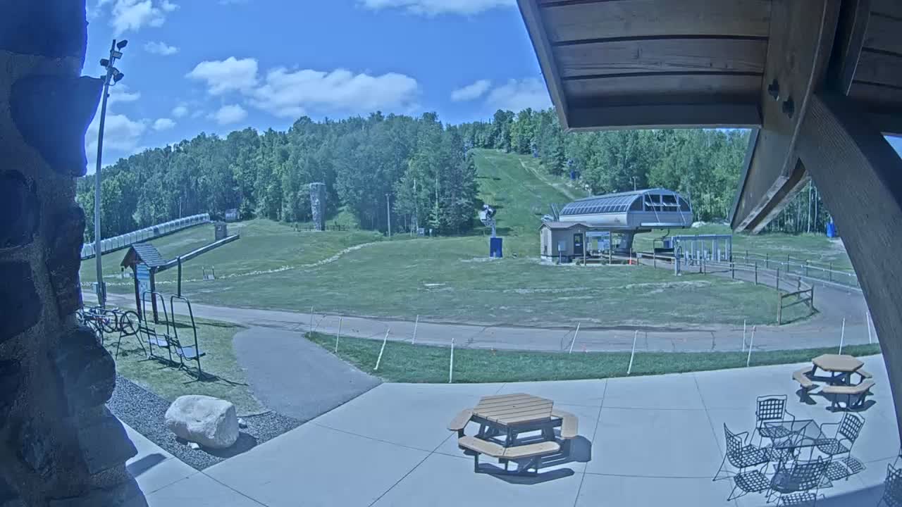 A sunny day at a ski resort shows a chairlift, grassy slopes, picnic tables, and a paved area with some seating.