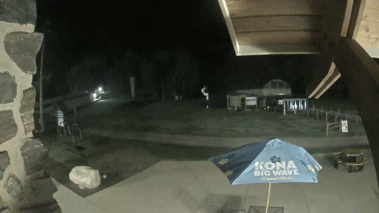 A nighttime outdoor scene shows a partially visible stone structure, a grassy area with a building in the background, and a closed umbrella on a patio.