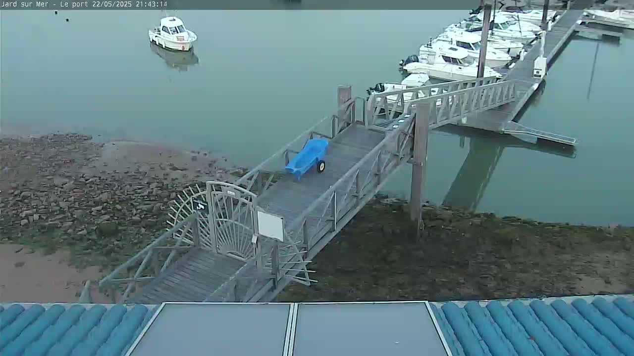 A wooden walkway extends from a dock over calm, shallow water to a rocky shore, with a small blue cart on the walkway and several boats moored in the background.