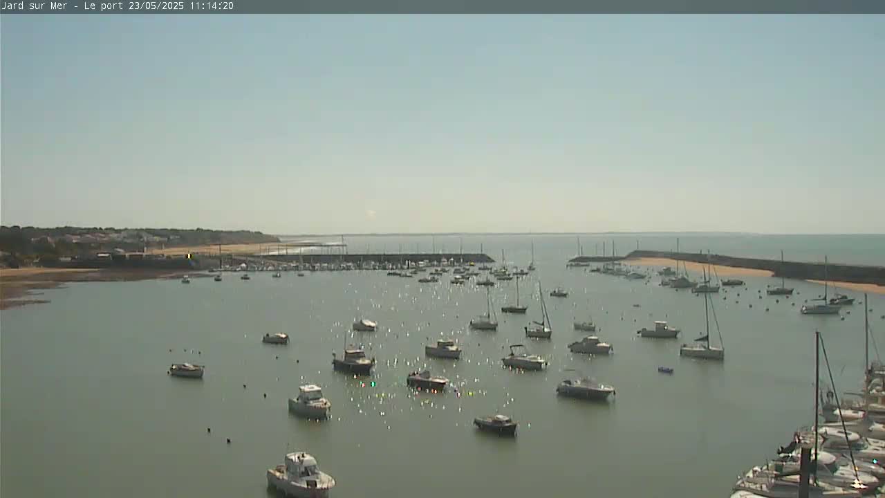 A calm, sunny day shows a harbor filled with numerous boats of varying sizes, moored in the calm water, with a sandy shore and distant land visible in the background.