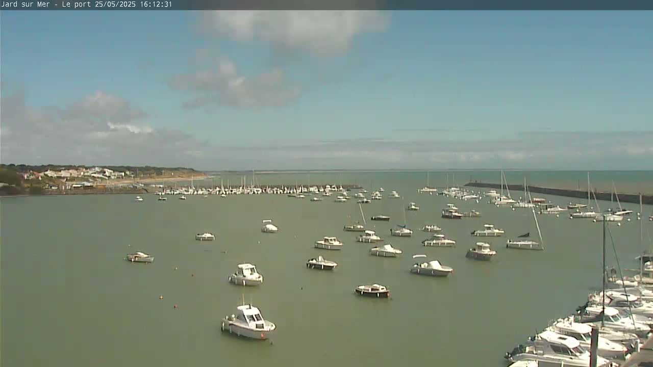 A harbor filled with numerous boats is visible under a partly cloudy sky.