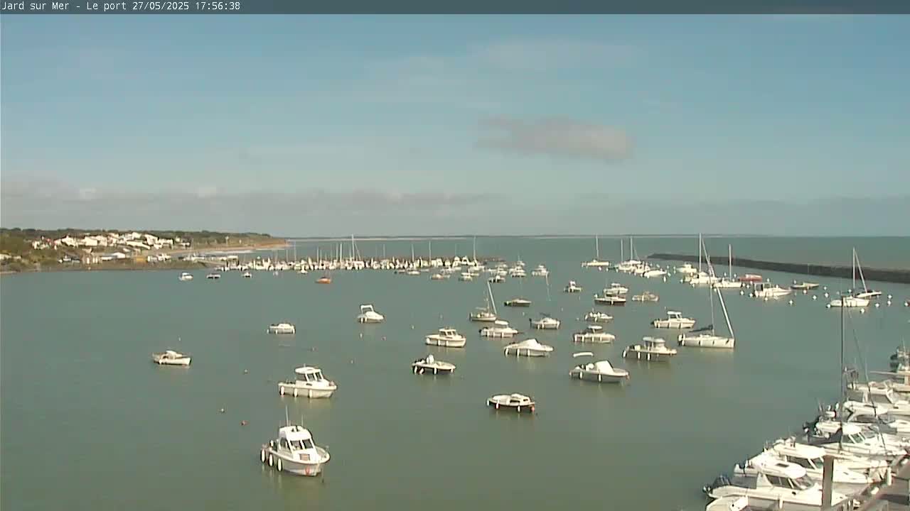 A calm, sunny day shows a harbor filled with numerous boats of various sizes, some docked and others anchored in the water, with a small town visible in the background.