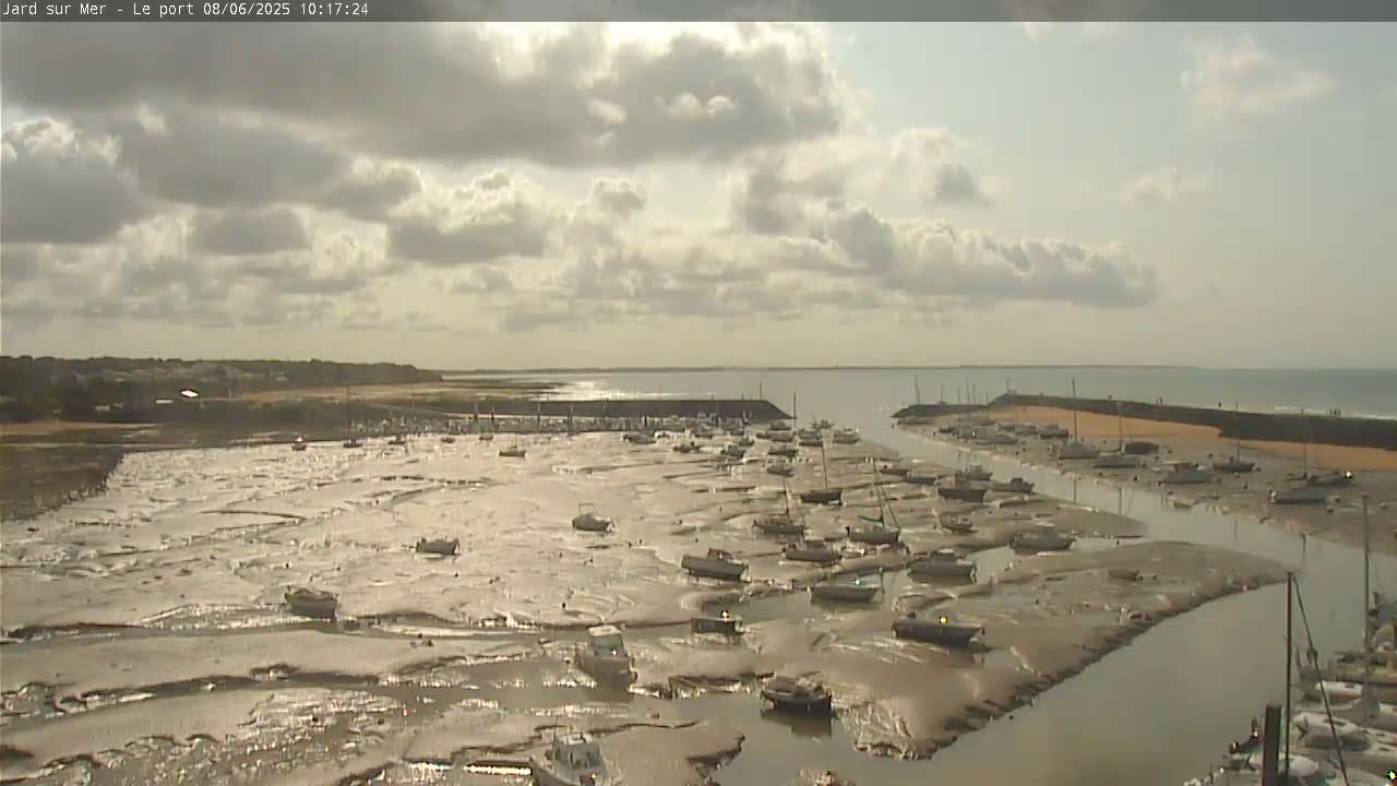 A mostly sunny day shows a harbor filled with numerous boats sitting in exposed mudflats at low tide.