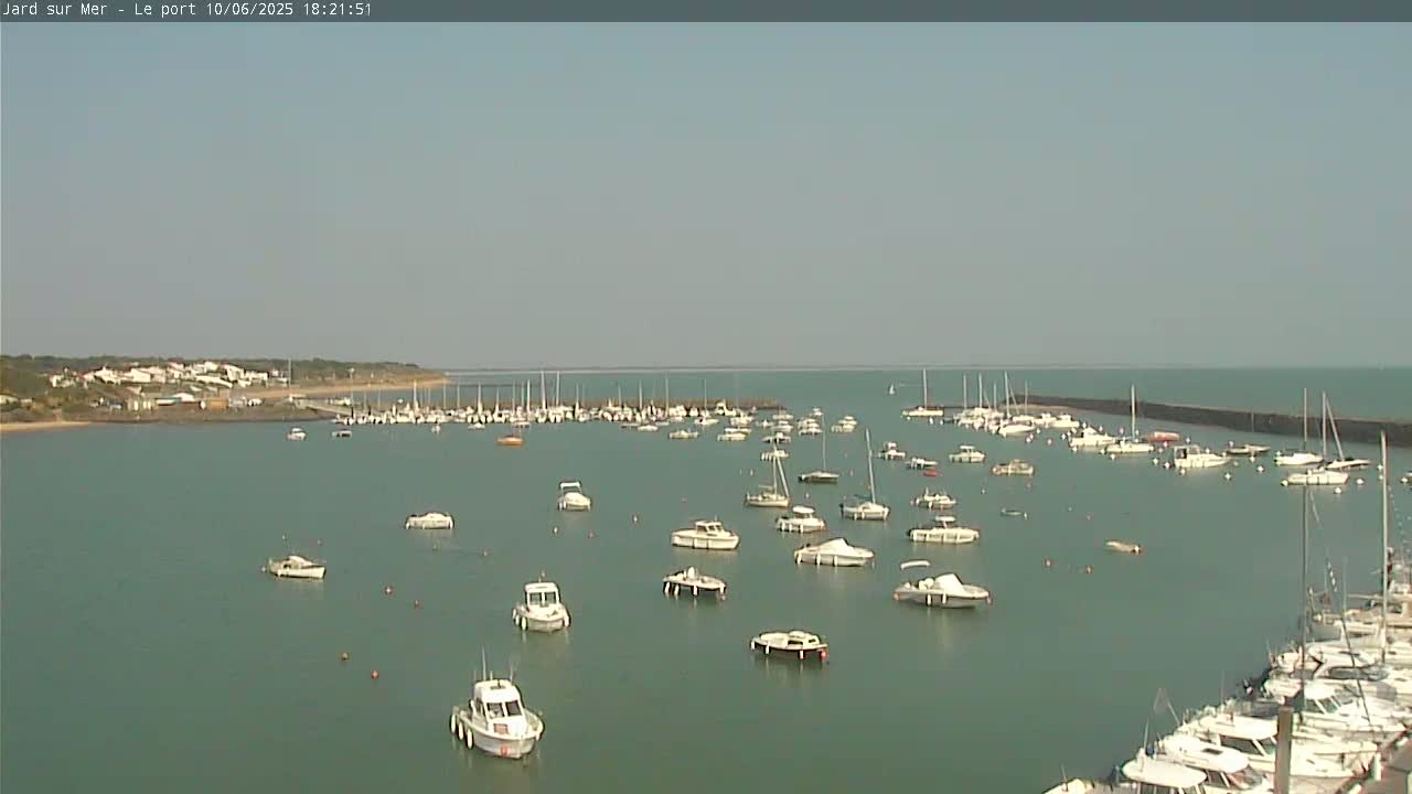 A calm, sunny day shows a harbor filled with numerous sailboats and motorboats, some docked and others anchored in the water.