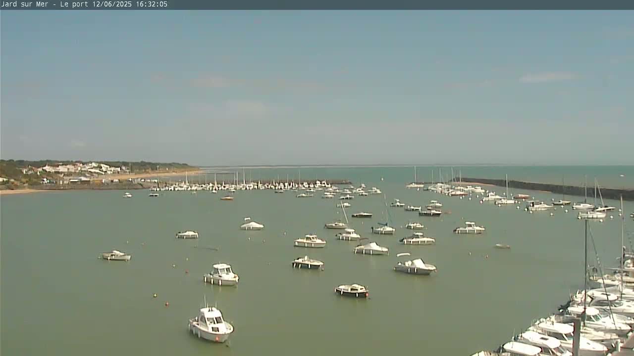 A calm, sunny day shows a harbor filled with numerous boats and yachts, with a town visible in the distance along a sandy shore.