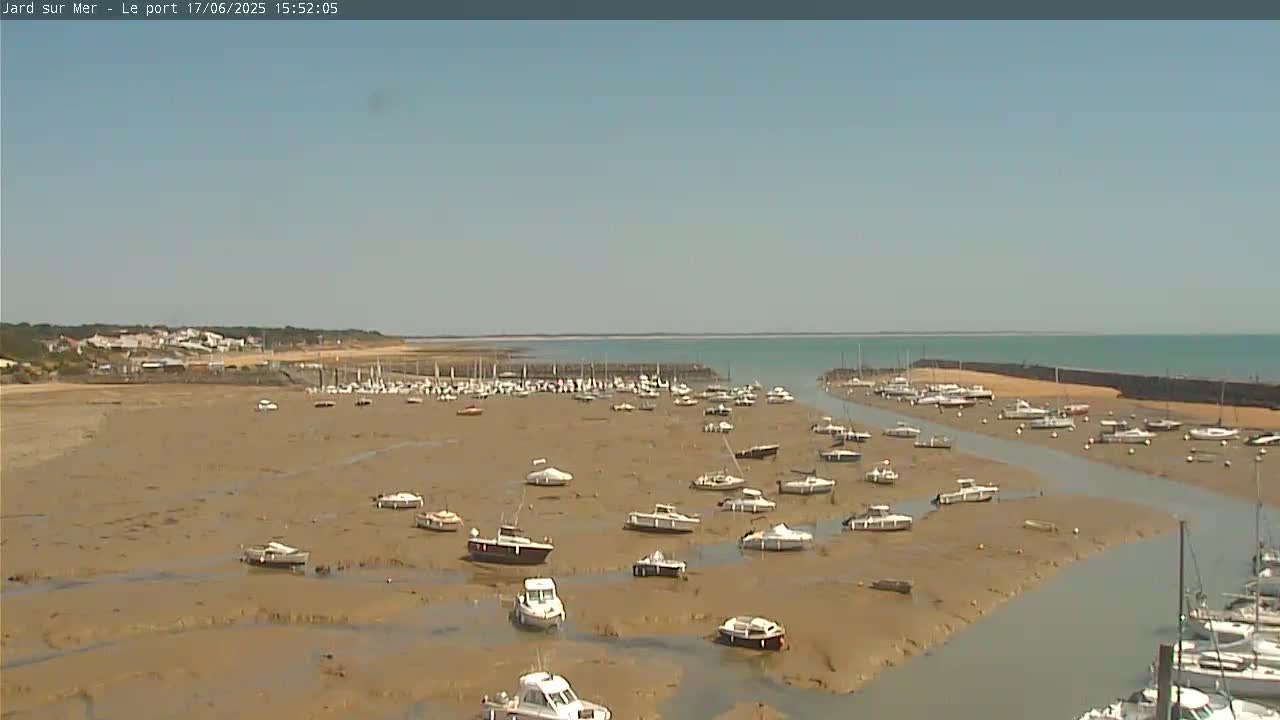 A mostly sunny day reveals a harbor at low tide, with numerous boats resting on the exposed mudflats.