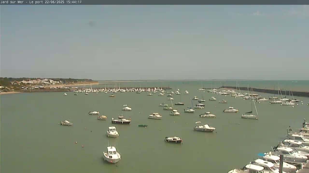 A calm, sunny day shows a harbor filled with numerous boats and yachts, some docked and others at anchor, with a town visible in the distance.