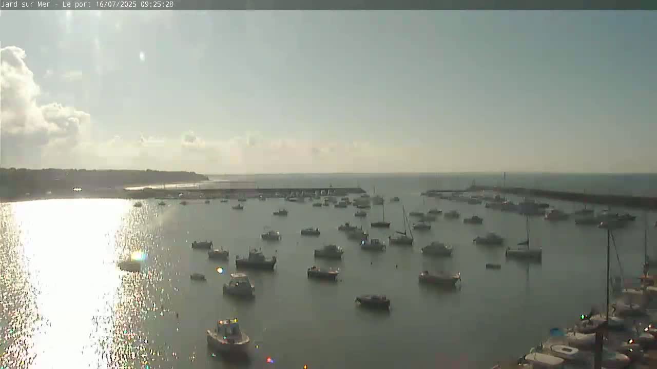 A mostly sunny day reveals a harbor filled with numerous boats and yachts, with a calm sea reflecting sunlight.