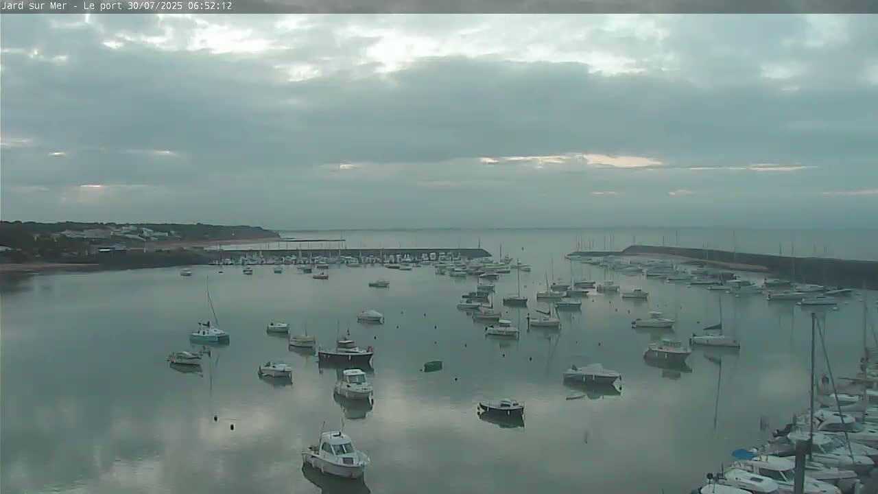 Many boats are moored in a calm harbor on a hazy day.
