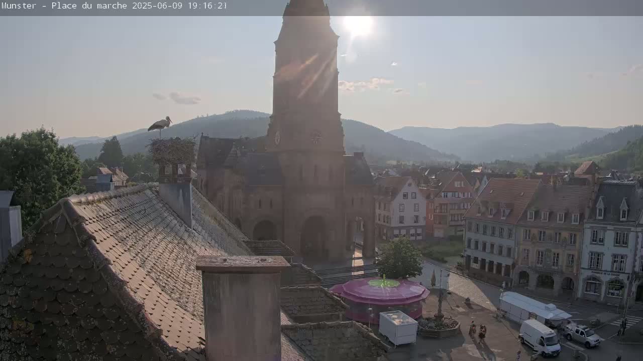 A sunny view of a town square, overlooked by a tall church tower, with a stork on a rooftop nest in the foreground and mountains in the background.
