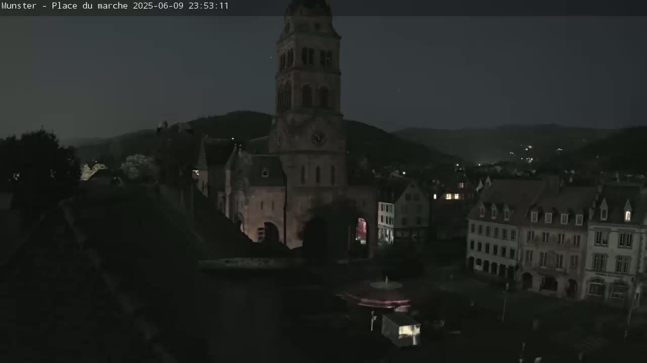 Munster,Place du Marché ( Market Square) & La Fontaine Lion Fountain / Église protestante (Protestant Church) Live Cam -  Colmar-Ribeauvillé, Haut-Rhin, Grand Est, France