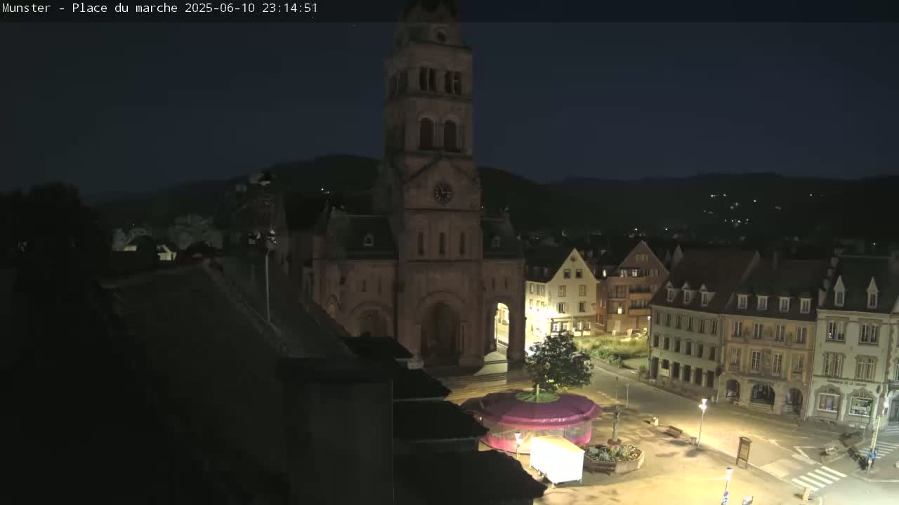 Munster,Place du Marché ( Market Square) & La Fontaine Lion Fountain / Église protestante (Protestant Church) Live Cam -  Colmar-Ribeauvillé, Haut-Rhin, Grand Est, France