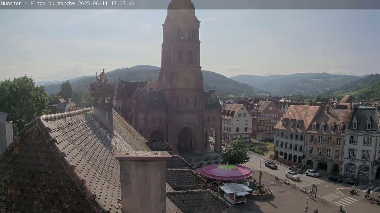 A partly sunny view of a town square, dominated by a tall church tower, with storks nesting on a nearby building, and mountains in the background.