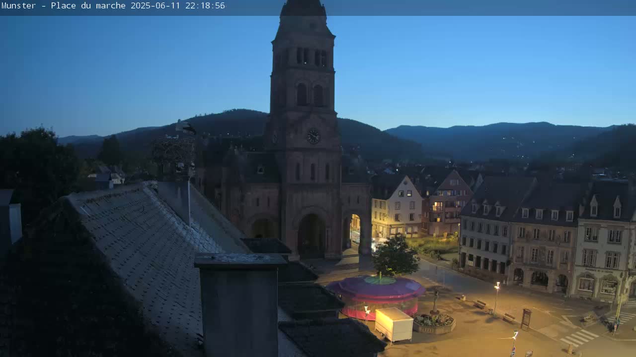 Munster,Place du Marché ( Market Square) & La Fontaine Lion Fountain / Église protestante (Protestant Church) Live Cam -  Colmar-Ribeauvillé, Haut-Rhin, Grand Est, France