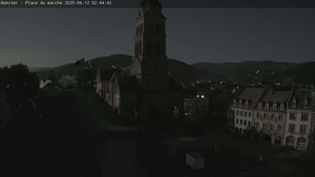 Munster,Place du Marché ( Market Square) & La Fontaine Lion Fountain / Église protestante (Protestant Church) Live Cam -  Colmar-Ribeauvillé, Haut-Rhin, Grand Est, France