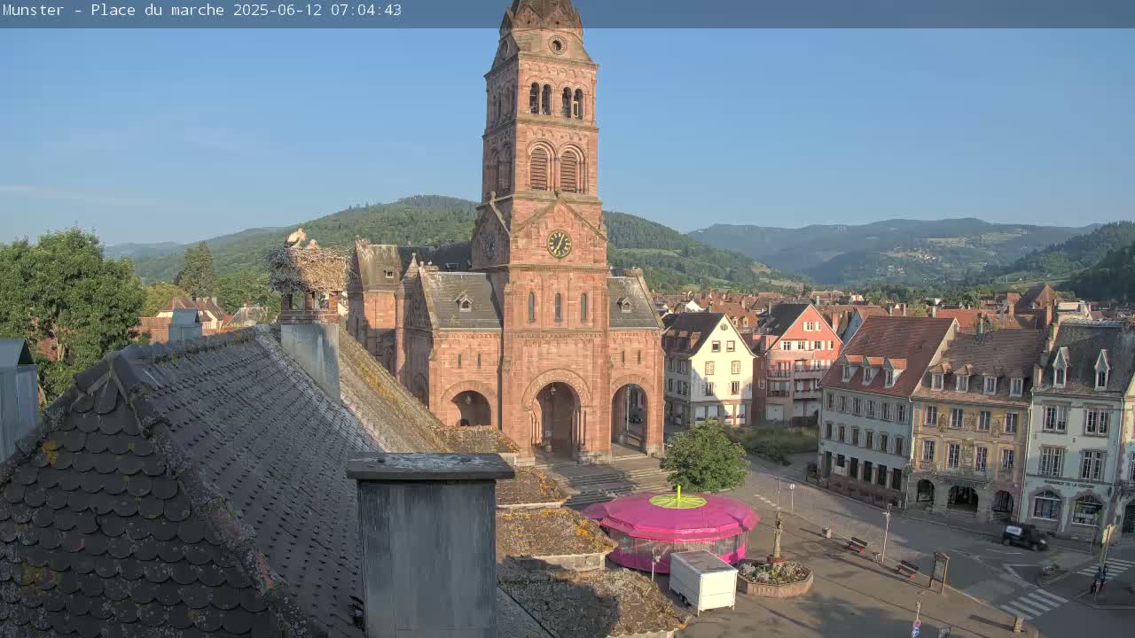 Munster,Place du Marché ( Market Square) & La Fontaine Lion Fountain / Église protestante (Protestant Church) Live Cam -  Colmar-Ribeauvillé, Haut-Rhin, Grand Est, France
