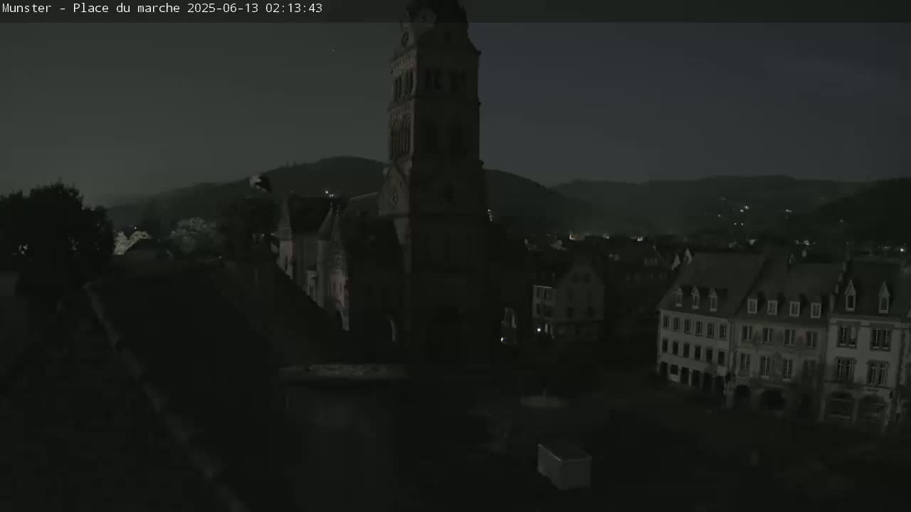 Munster,Place du Marché ( Market Square) & La Fontaine Lion Fountain / Église protestante (Protestant Church) Live Cam -  Colmar-Ribeauvillé, Haut-Rhin, Grand Est, France