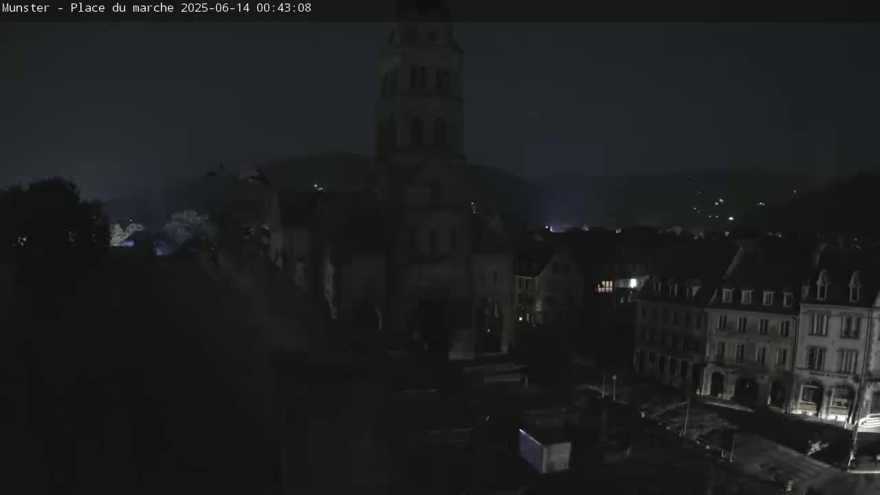 Munster,Place du Marché ( Market Square) & La Fontaine Lion Fountain / Église protestante (Protestant Church) Live Cam -  Colmar-Ribeauvillé, Haut-Rhin, Grand Est, France