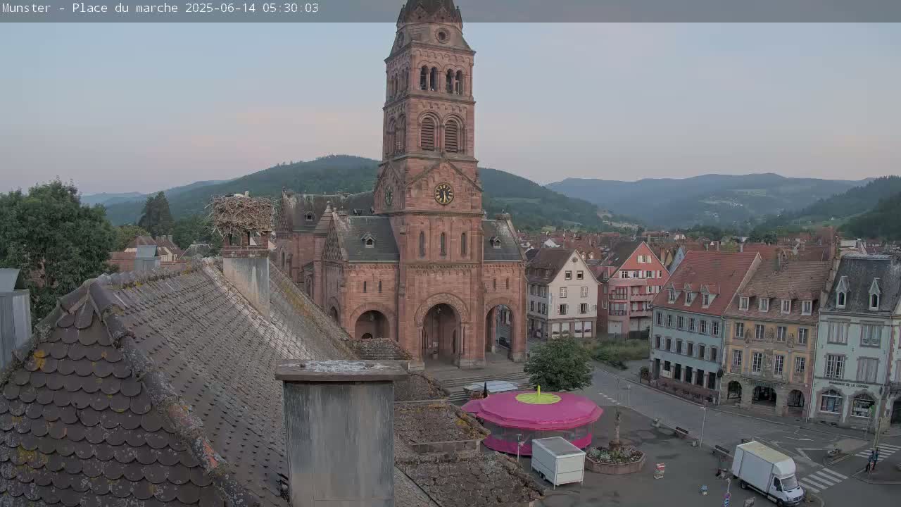 Munster,Place du Marché ( Market Square) & La Fontaine Lion Fountain / Église protestante (Protestant Church) Live Cam -  Colmar-Ribeauvillé, Haut-Rhin, Grand Est, France