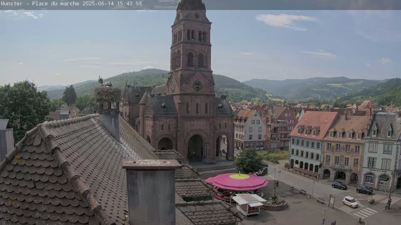 A partly cloudy day reveals a town square dominated by a large stone church, with storks nesting on a nearby chimney, and surrounded by traditional buildings nestled against a backdrop of rolling hills.
