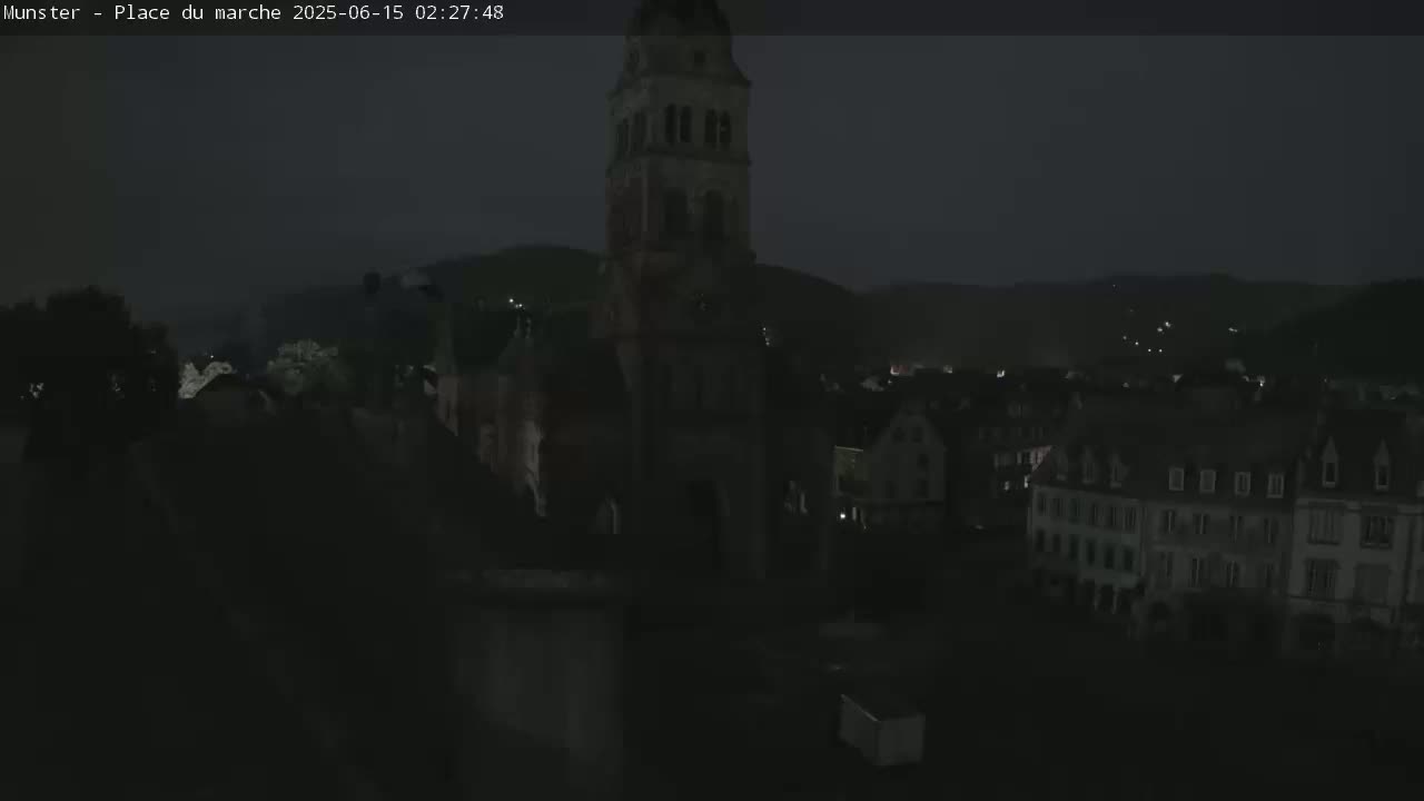 Munster,Place du Marché ( Market Square) & La Fontaine Lion Fountain / Église protestante (Protestant Church) Live Cam -  Colmar-Ribeauvillé, Haut-Rhin, Grand Est, France