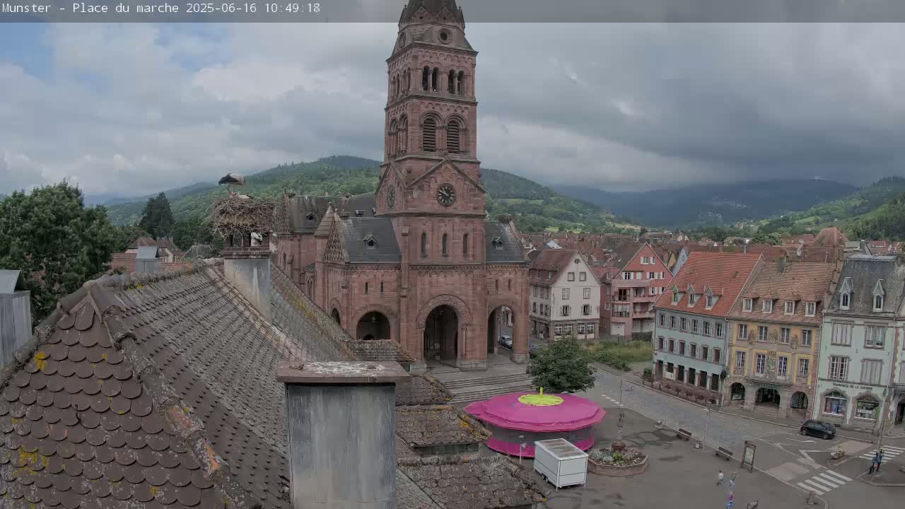 A town square with a large church, surrounded by buildings with red roofs, under a cloudy sky; a stork's nest is visible on a nearby chimney.