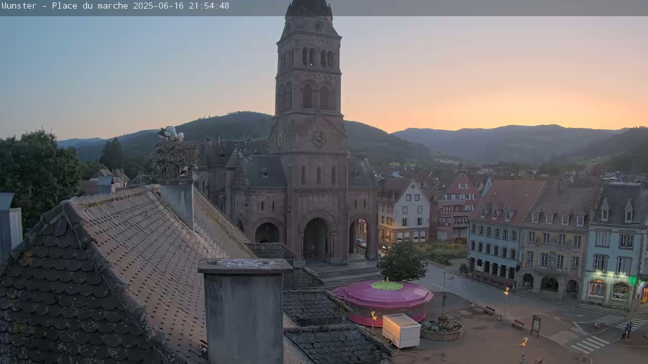 Munster,Place du Marché ( Market Square) & La Fontaine Lion Fountain / Église protestante (Protestant Church) Live Cam -  Colmar-Ribeauvillé, Haut-Rhin, Grand Est, France