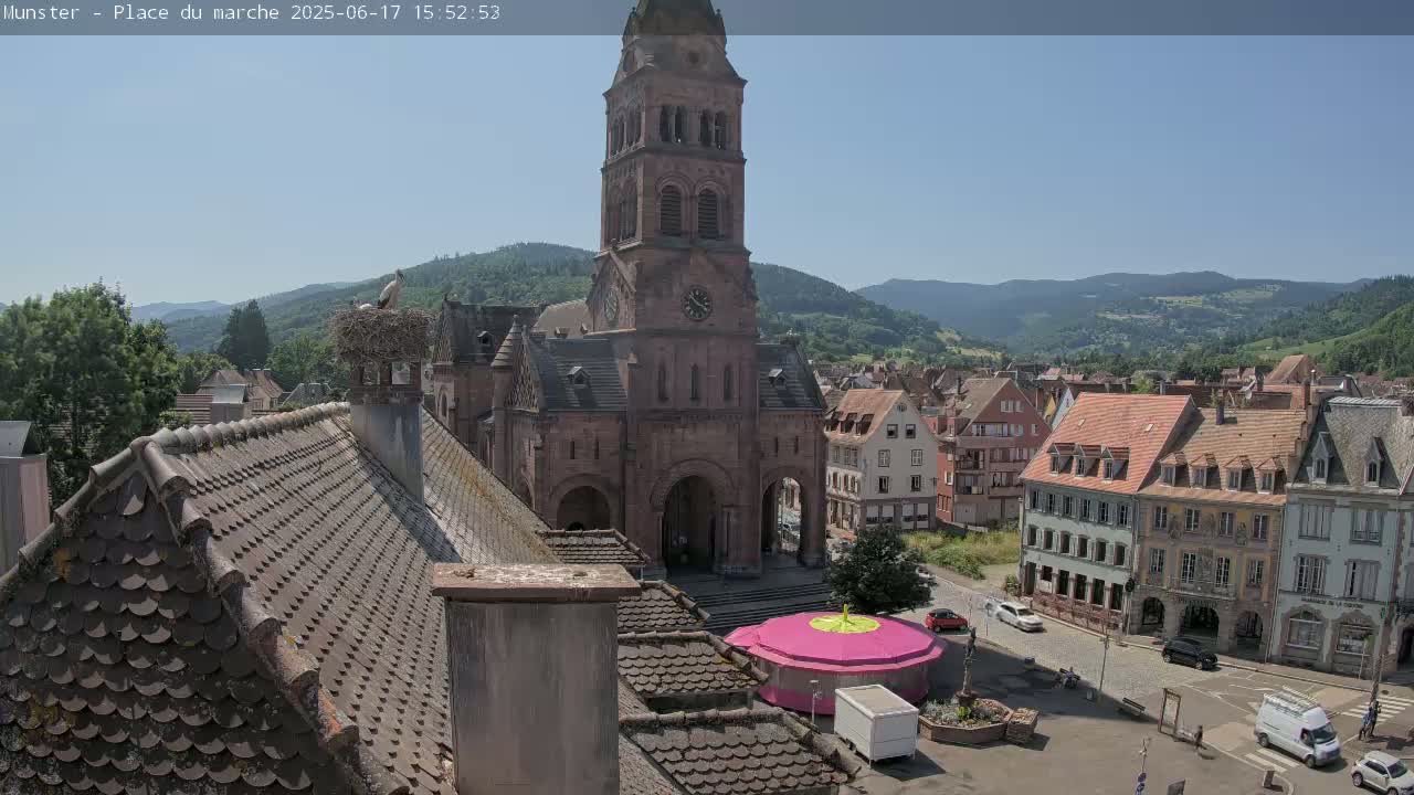 A high-angle view on a sunny day shows a town square with a church, several buildings with reddish-brown roofs, a small carousel, and a stork's nest on a chimney.