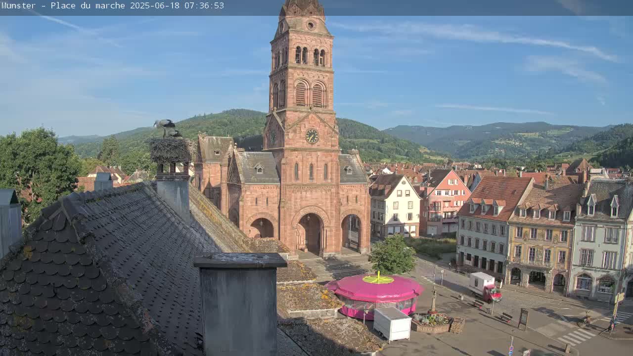 Munster,Place du Marché ( Market Square) & La Fontaine Lion Fountain / Église protestante (Protestant Church) Live Cam -  Colmar-Ribeauvillé, Haut-Rhin, Grand Est, France