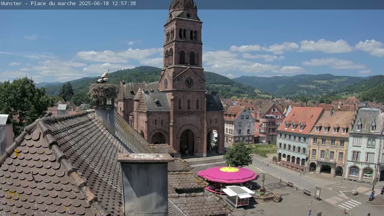 A partly cloudy sky overlooks a town square with a church, buildings with red-tiled roofs, and a small carousel, with storks nesting atop a chimney.