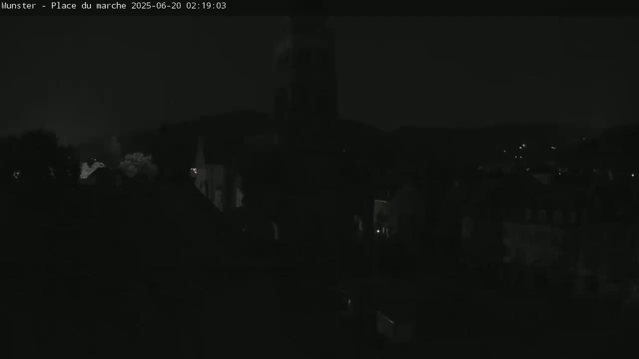 Munster,Place du Marché ( Market Square) & La Fontaine Lion Fountain / Église protestante (Protestant Church) Live Cam -  Colmar-Ribeauvillé, Haut-Rhin, Grand Est, France