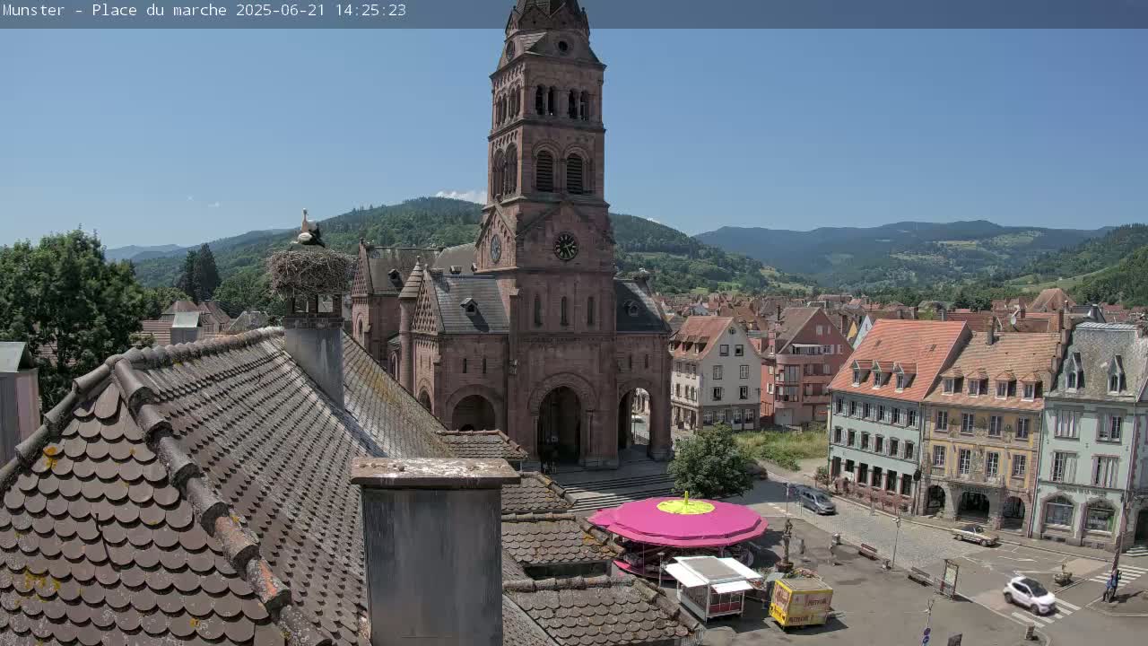 A stork's nest sits atop a chimney on a building overlooking a town square with a church, colorful buildings, and a small carousel under a clear, sunny sky.