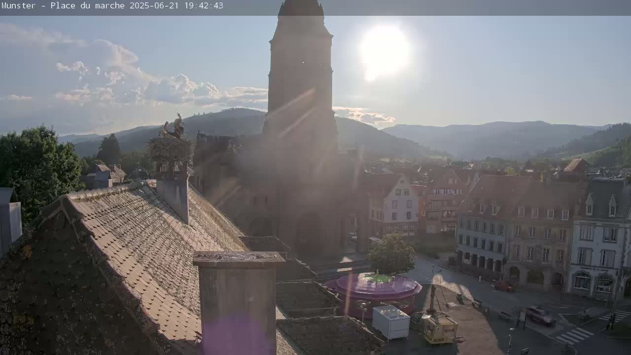 A sunny day reveals a town square nestled in a valley, with a tall church tower, storks in a nest atop a building, and a carousel partially visible.
