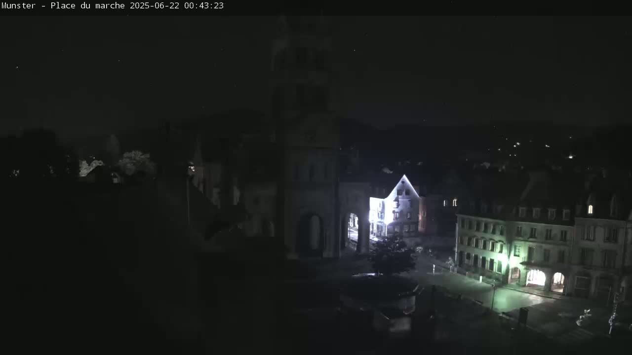 Munster,Place du Marché ( Market Square) & La Fontaine Lion Fountain / Église protestante (Protestant Church) Live Cam -  Colmar-Ribeauvillé, Haut-Rhin, Grand Est, France