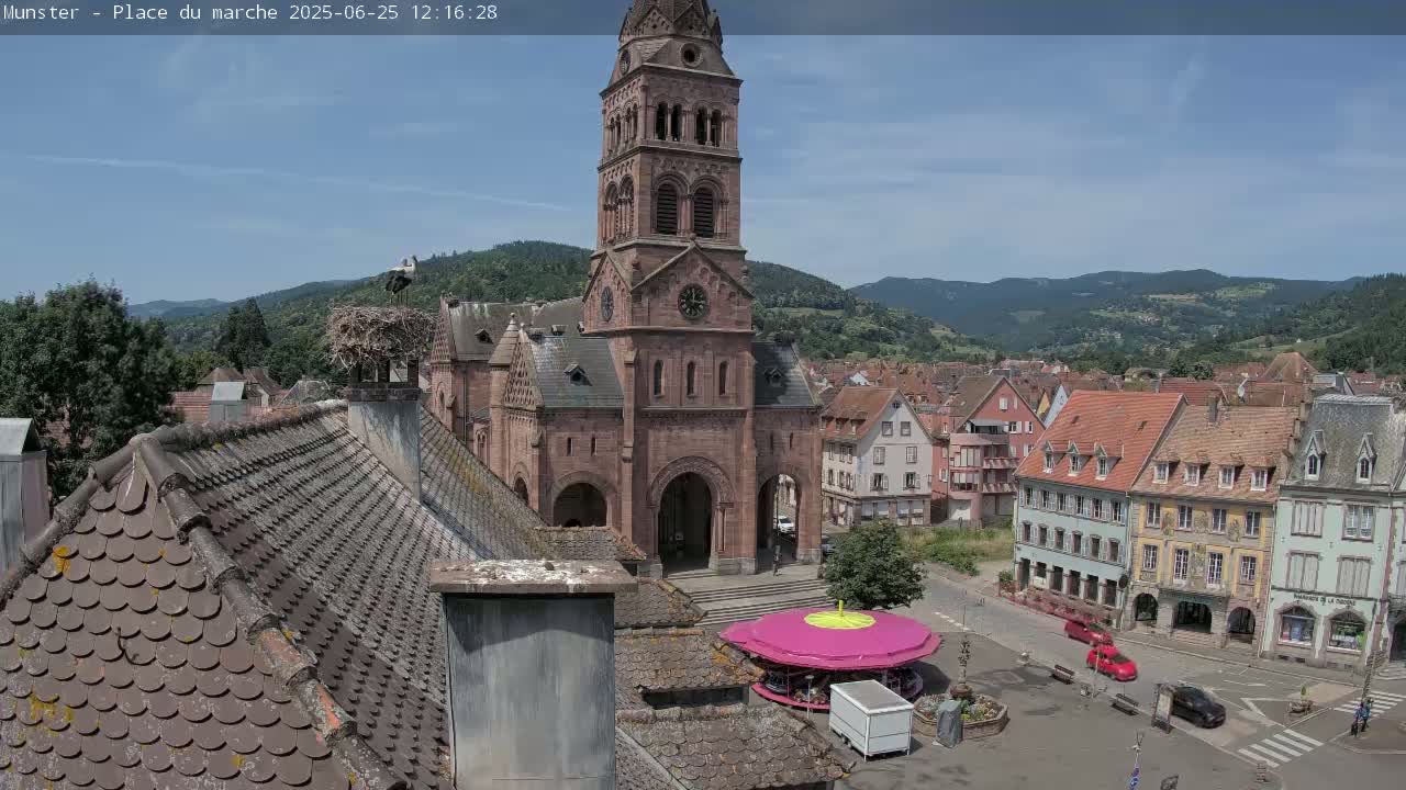 Munster,Place du Marché ( Market Square) & La Fontaine Lion Fountain / Église protestante (Protestant Church) Live Cam -  Colmar-Ribeauvillé, Haut-Rhin, Grand Est, France