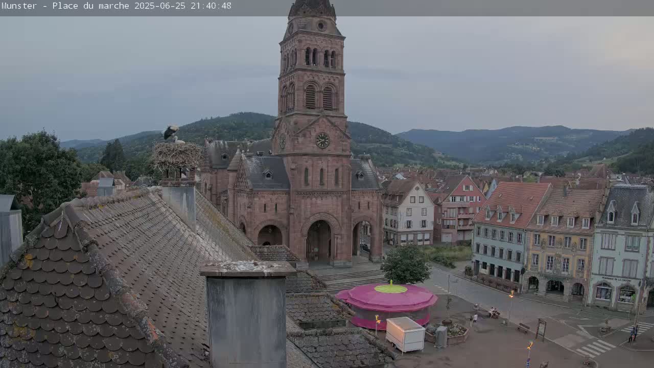 Munster,Place du Marché ( Market Square) & La Fontaine Lion Fountain / Église protestante (Protestant Church) Live Cam -  Colmar-Ribeauvillé, Haut-Rhin, Grand Est, France