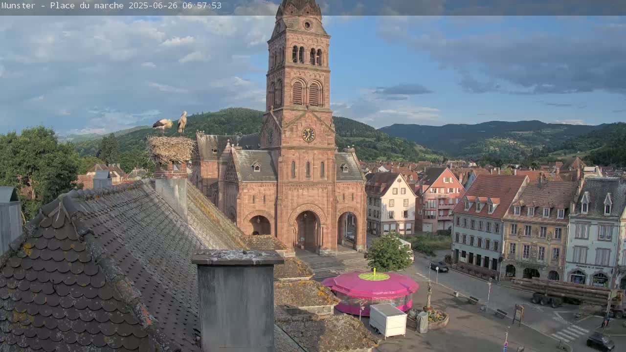 Munster,Place du Marché ( Market Square) & La Fontaine Lion Fountain / Église protestante (Protestant Church) Live Cam -  Colmar-Ribeauvillé, Haut-Rhin, Grand Est, France