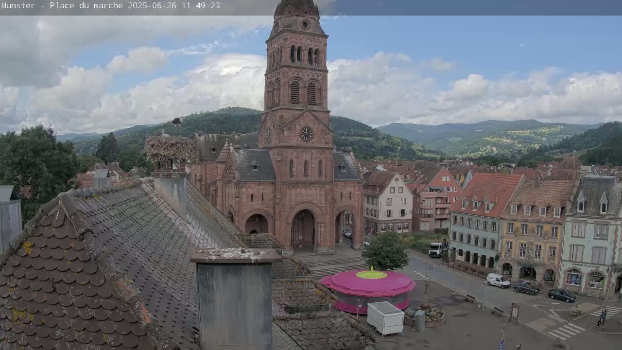 Munster,Place du Marché ( Market Square) & La Fontaine Lion Fountain / Église protestante (Protestant Church) Live Cam -  Colmar-Ribeauvillé, Haut-Rhin, Grand Est, France