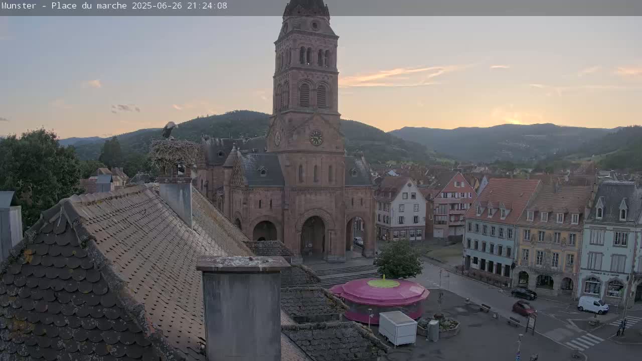 Munster,Place du Marché ( Market Square) & La Fontaine Lion Fountain / Église protestante (Protestant Church) Live Cam -  Colmar-Ribeauvillé, Haut-Rhin, Grand Est, France